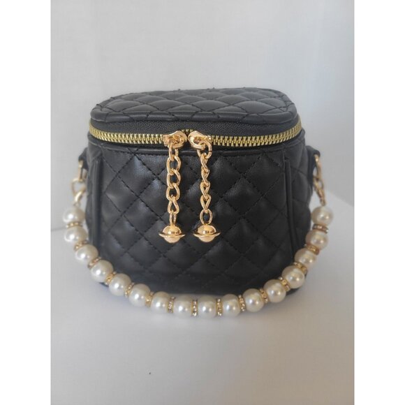 Unbranded Handbags - Small Mini Quilted Black Vanity Case Faux Pearl HandlePurse Bag Chain Zippers